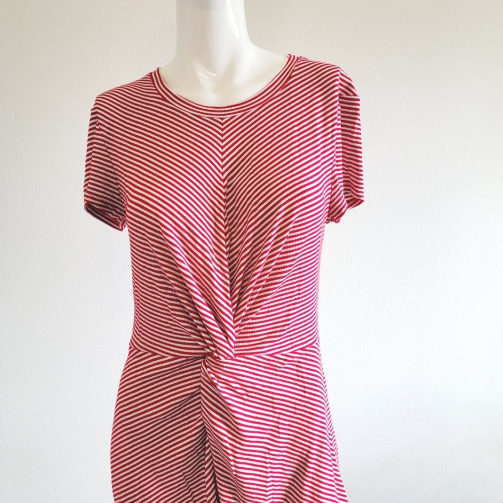 Red White Vertical Stripe Knot Rouched Stretchy Casual Mini Dress Sz XL